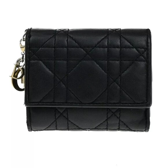 CHRISTIAN DIOR Cannage Charm Trifold Compact Wallet Leather Black GHW - Picture 1 of 16